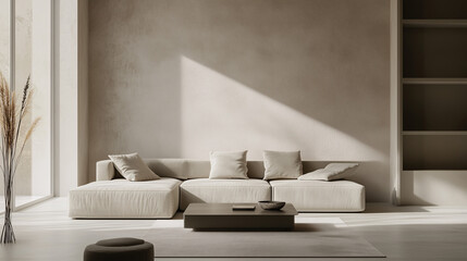 A minimalist living room with a neutral textured accent wall, featuring a sleek gray sofa and a simple coffee table. The room is bathed in natural light, with minimal decor and soft shadows