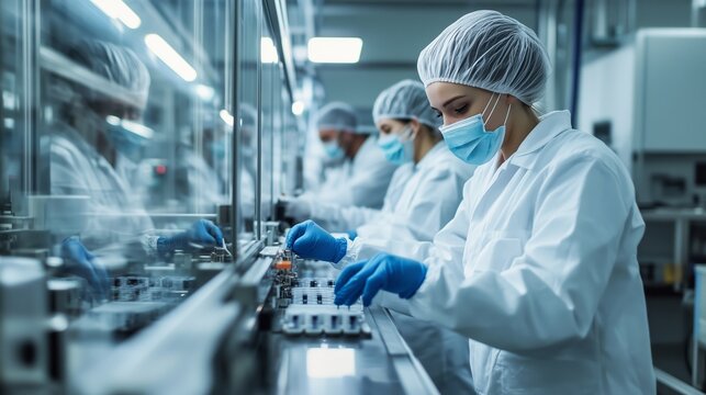 Healthcare workers in protective gear assembling medical equipment in a laboratory during the day