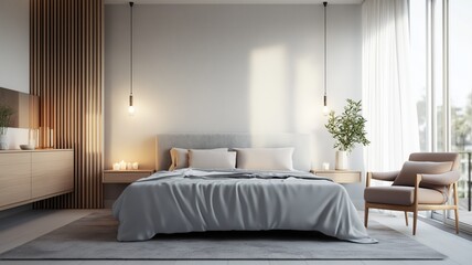 Fototapeta premium Minimalist Bedroom with Soft Lighting and Romantic, Intimate Atmosphere