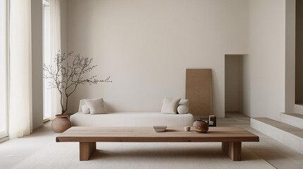 A minimalist living room with a simple wooden bench used as a coffee table, paired with a neutral sofa. The room is uncluttered, with just a few tasteful decor items