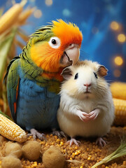 Parrot and hamster sitting on corn
