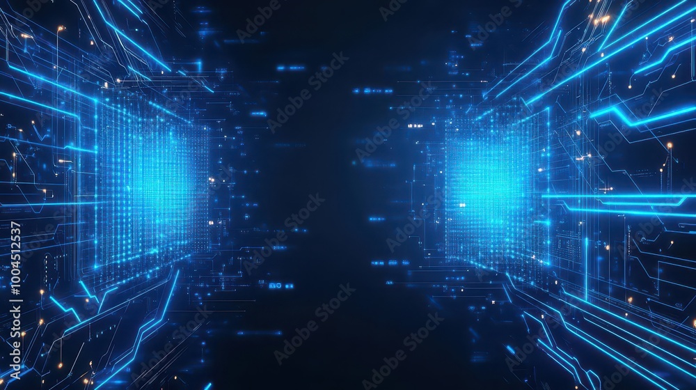 Poster abstract futuristic background with glowing blue neon lines, circuit board patterns, and holographic