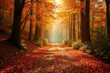 Enchanting autumn forest path covered in fallen leaves with warm sunlight filtering through trees