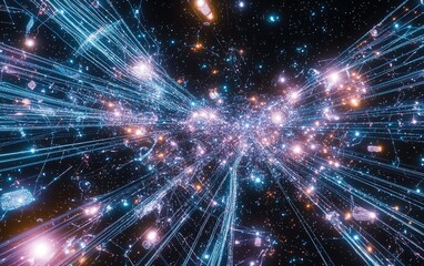 Obraz premium A vibrant cosmic explosion illuminating the vast expanse of outer space filled with swirling colors and sparkling stars during a galactic event