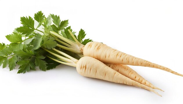 parsnip - Pastinaca sativa - is a tap root taproot vegetable closely related to carrot and parsley and can be cooked but can also be eaten raw. The flesh has a sweet flavor. Isolated on white