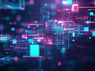 Fototapeta premium Abstract geometric shapes floating in a dark space, neon circuits running through them, hightech aesthetic, digital art, 3D rendering