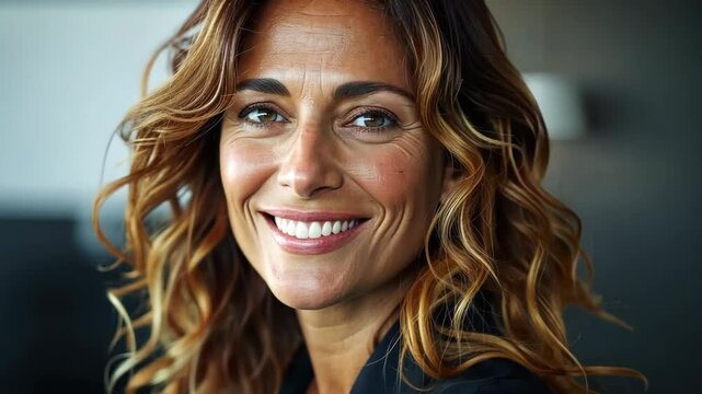 A woman with wavy hair exudes warmth and confidence while sitting in a bright, contemporary indoor space