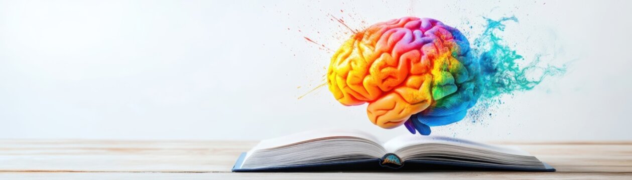 A colorful brain exploding with creativity, emerging from an open book, copy space