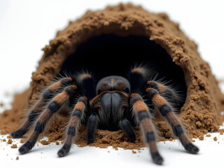 Close-up of a tarantula emerging from a burrow in a rainforest, detailed wildlife photography, white background_00001_
