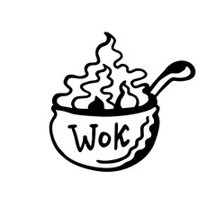 Hand-drawn black and white illustration of a wok with abstract flames, featuring a minimalist, playful design perfect for food-related or culinary projects