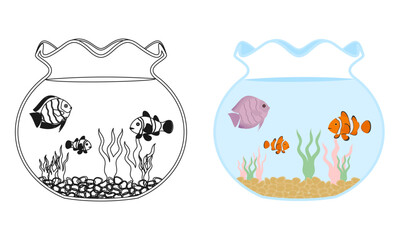 happy fish in the fishbowl aquarium tank vector illustration isolated on white background.