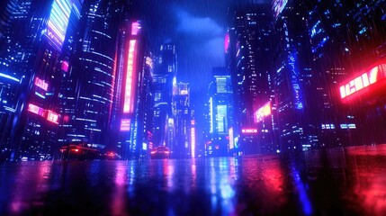 Naklejka premium Futuristic Night Metropolis with Neon Lights