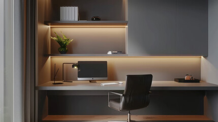 A minimalist small office workspace with a sleek desk, wall-mounted shelves, and a comfortable chair to maximize space.