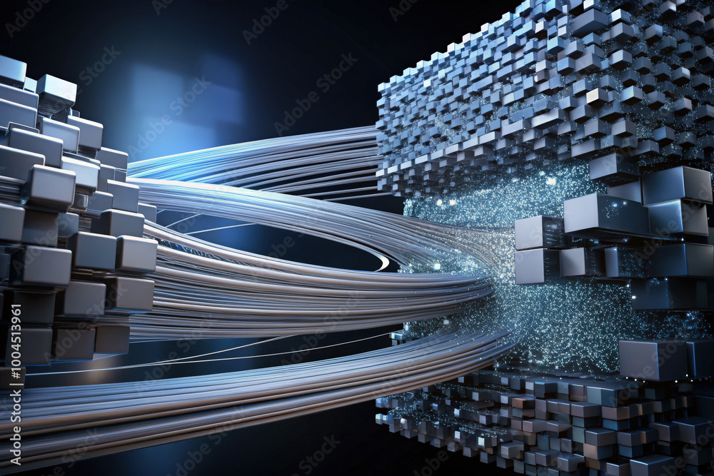 Poster exploring the dynamic intersection of technology and innovation in a futuristic digital landscape wi