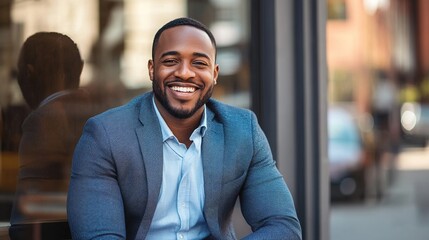 Obraz premium Confident businessman smiling outdoors in urban setting