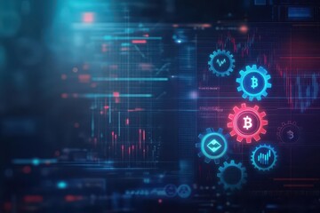 Obraz premium Abstract representation of business growth with gears, digital currency, and charts, dark background, glowing neon elements, art
