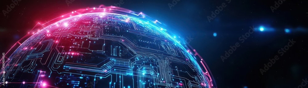 Aufkleber abstract tech globe with glowing circuit patterns, dark space background, bright neon highlights, hi