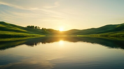 Obraz premium Serene Sunset over a Breathtaking Lake Landscape