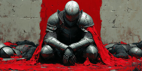 A knight in full armor, with his hands clasped together and head bowed to the ground on an old battlefield where fallen soldiers lie scattered around him. 