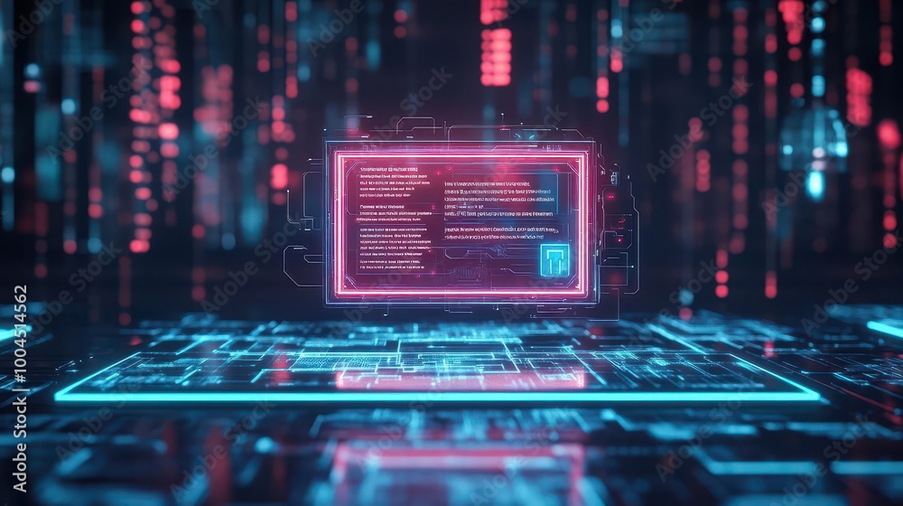 Poster advanced ai interface, floating holographic display, neon glow, sleek design