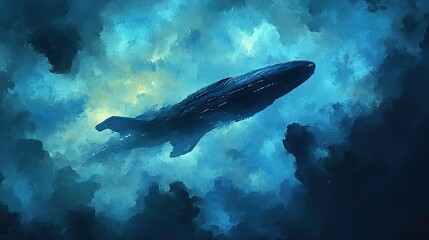 Fototapeta premium A futuristic spaceship flies through a dense field of clouds, with a bright light shining from behind.