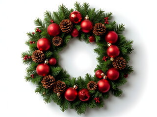 Festive Christmas decoration with red baubles, pine cones, berries, and evergreen branches, traditional holiday wreath, white background_00001_