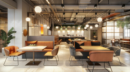 A modern coworking space featuring communal tables, private booths, and a coffee bar, perfect for freelancers and startups.