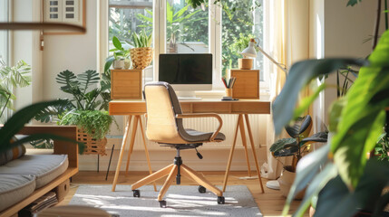Fototapeta premium A modern, eco-friendly home office featuring bamboo furniture, natural textiles, and energy-efficient tech tools for remote work.