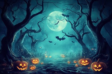 A spooky forest scene illuminated by glowing jack-o'-lanterns under a full moon.