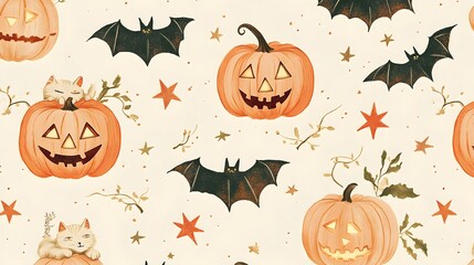 A whimsical pattern of pumpkins with star carvings, cats lounging under blankets, and bats with glowing wings, all in soft pastel orange on a cream background