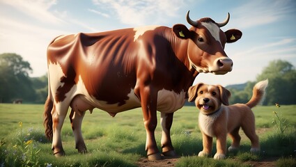 Cow with a Farm Dog in a Pasture captures the heartwarming bond between livestock and working dogs in a rural setting. This delightful image features a cow