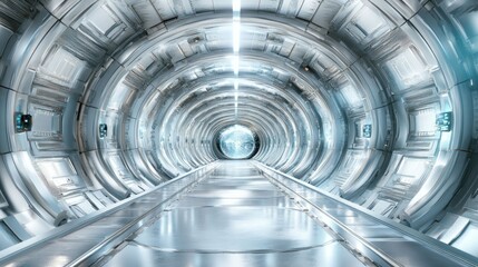 A futuristic, cylindrical corridor with a bright light at the end.