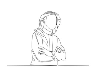 One continuous line drawing of arabian man using muslim clothing illustration. Arabian businessman monoline design.