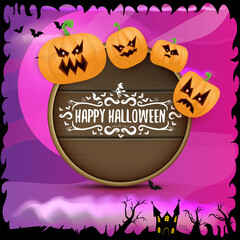 Happy Halloween banner with bats, cat, castle, graveyard and Halloween scary pumpkins isolated on spooky night background . Funky kids Halloween banner with greeting text