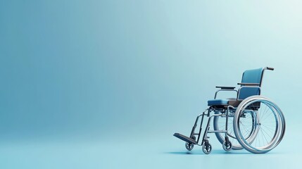 Fototapeta premium Blue Manual Wheelchair on Light Blue Background: Emphasizing Accessibility and Healthcare Support for Mobility.