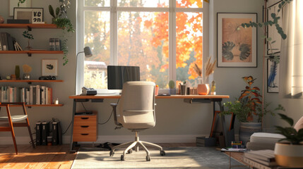 A modern home office setup with stylish, ergonomic furniture designed for long hours of productivity, including an adjustable chair and smart desk.