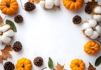 Obraz premium Autumn Flat Lay with Pumpkins, Cotton, and Pine Cones