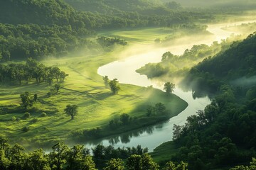 A picturesque view of a river winding through lush green fields with mist in the morning light.