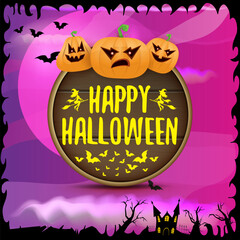 Happy Halloween banner with bats, cat, castle, graveyard and Halloween scary pumpkins isolated on spooky night background . Funky kids Halloween banner with greeting text