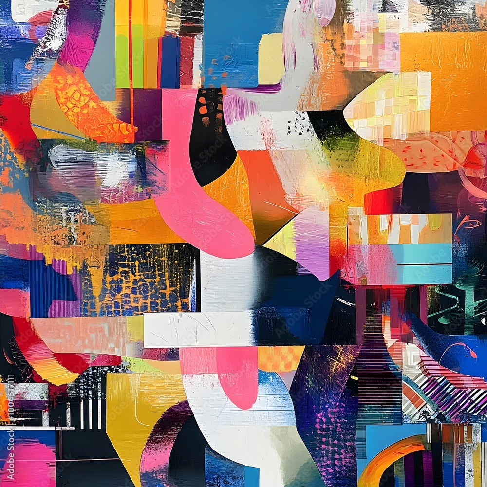 Poster Intricate abstract composition featuring an array of vivid shapes and prismatic patterns layered with expressive brushwork and shimmering textures evoking the visual language of Cubism