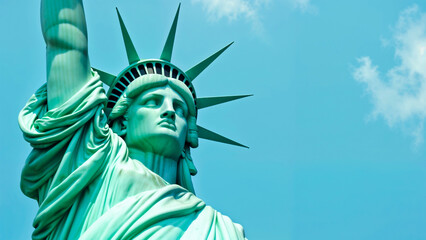 Statue of Libertys face against a bright blue sky