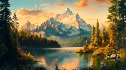 Obraz premium Pastel tinged Impressionistic landscape painting depicting serene mountain peaks lush forests and a tranquil lake in a golden hour setting evoking a sense of romantic splendor and ethereal beauty