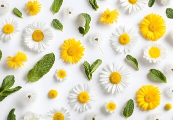 Obraz premium White Background With Yellow & White Daisies