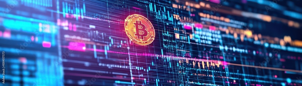 Poster cryptocurrency exchange platform in a digital bank setting, glowing blockchain symbols, abstract neo