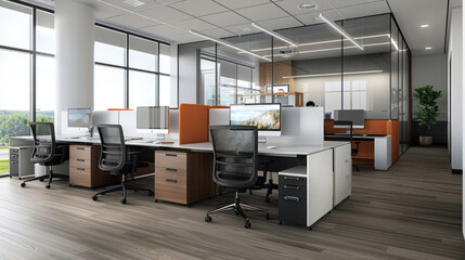 A modern office featuring customizable workstations, where employees can adjust lighting, desk height, and seating for personalized comfort.