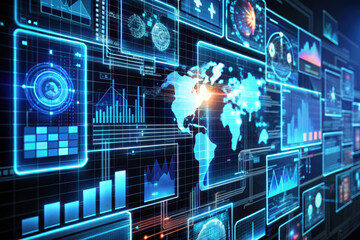 Exploring the dynamic world of data visualization with interactive graphs, global maps, and analytics in a futuristic digital landscape. Generative AI