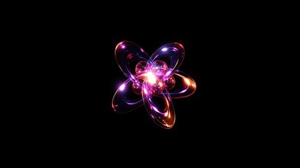 A glowing, abstract atom with a bright core, rendered in a vibrant pink, purple and orange color scheme against a black background.