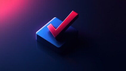 3D icon of a checkmark in red and blue on a dark background, in a minimalistic style, with an isometric view Generative AI