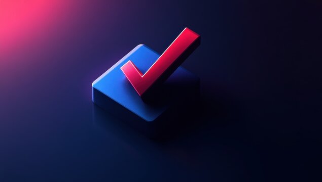 3D icon of a checkmark in red and blue on a dark background, in a minimalistic style, with an isometric view Generative AI