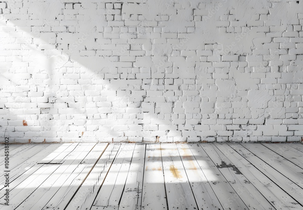 Poster White Brick Wall with Wooden Floor Room Background